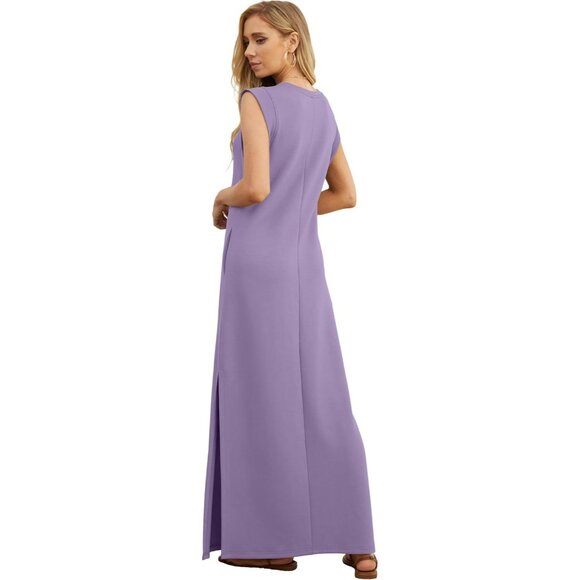 Grecerelle Women Purple Round Neck Loose Split Wrinkle-Free Long Maxi Dress - Picture 5 of 6